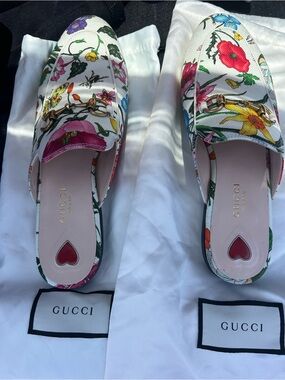 Authentic Gucci Princetown horsebit mules in rare floral canvas print .